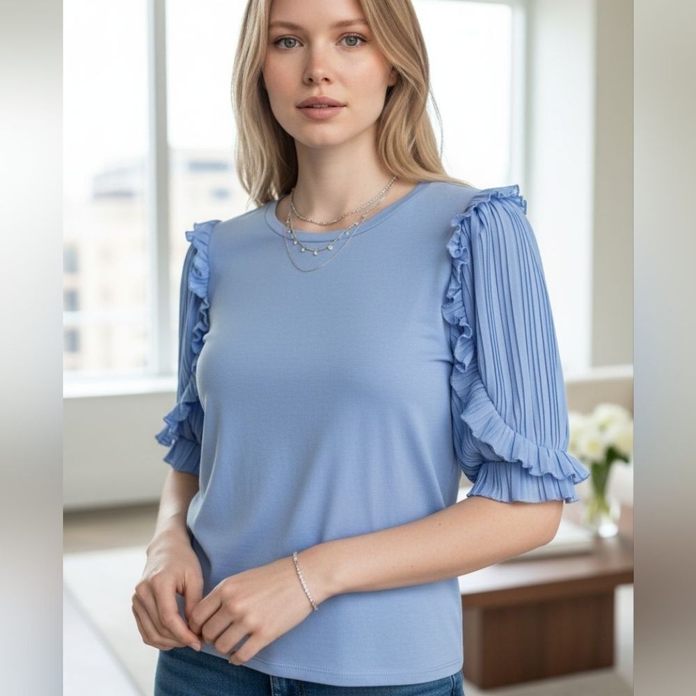 Express Light Blue Pleated Ruffle Sleeve Blouse